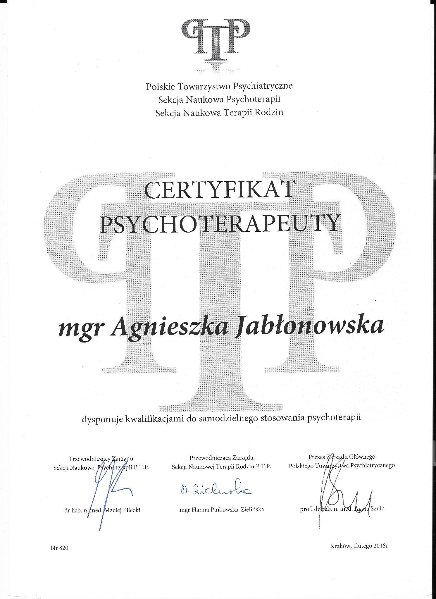 Certyfikat Psychoterapeuty nr 820 Sekcji Naukowej Psychoterapii Polskiego Towarzystwa Psychiatrycznego