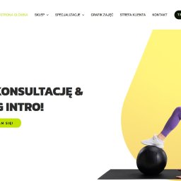 Dawid Śmiech - Strona internetowa z nagłówkiem, menu i grafiką kobiety ćwiczącej na piłce. Żółte tło, nowoczesny design, czcionki bezszeryfowe. Zaproszenie na konsultacje i trening intro.