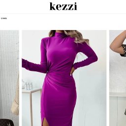 Dawid Śmiech - Strona internetowa sklepu odzieżowego Kezzi prezentuje trzy modelki w różnych kreacjach: płaszcz, fioletowa sukienka i cekinowa sukienka.