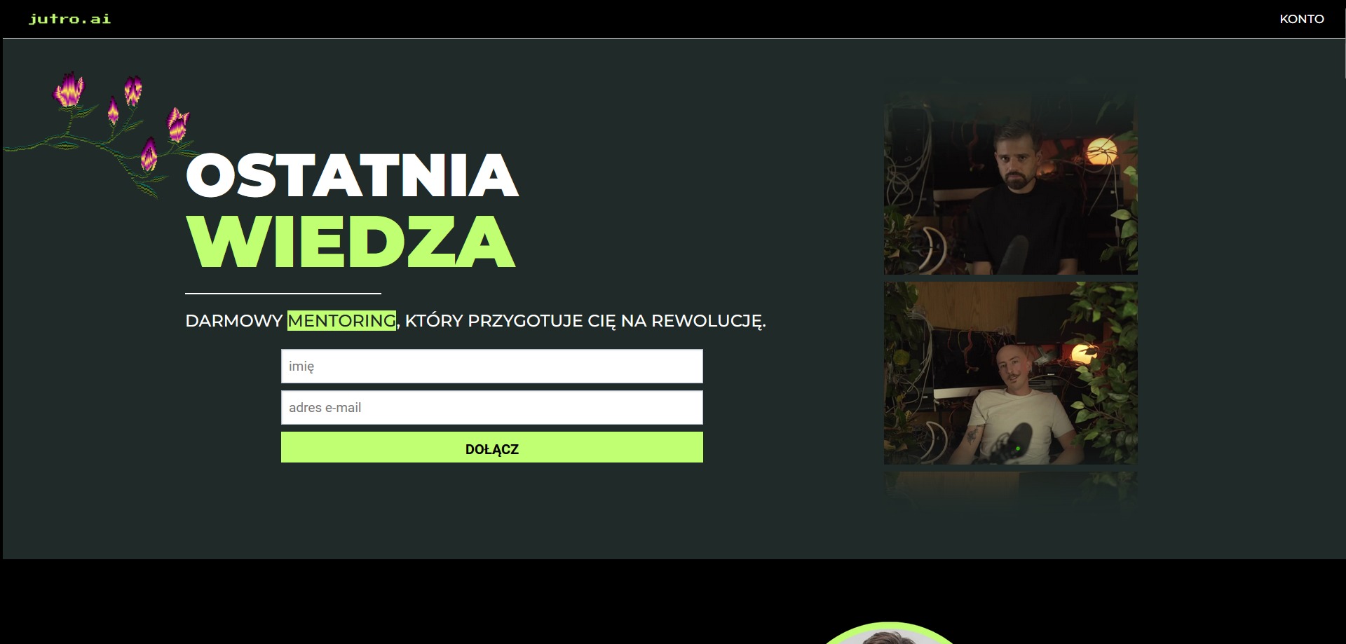 Strona internetowa z formularzem zapisu na darmowy mentoring. Po prawej stronie widoczne dwie osoby w kadrze. Kolorystyka ciemna, z elementami zieleni i fioletu.
