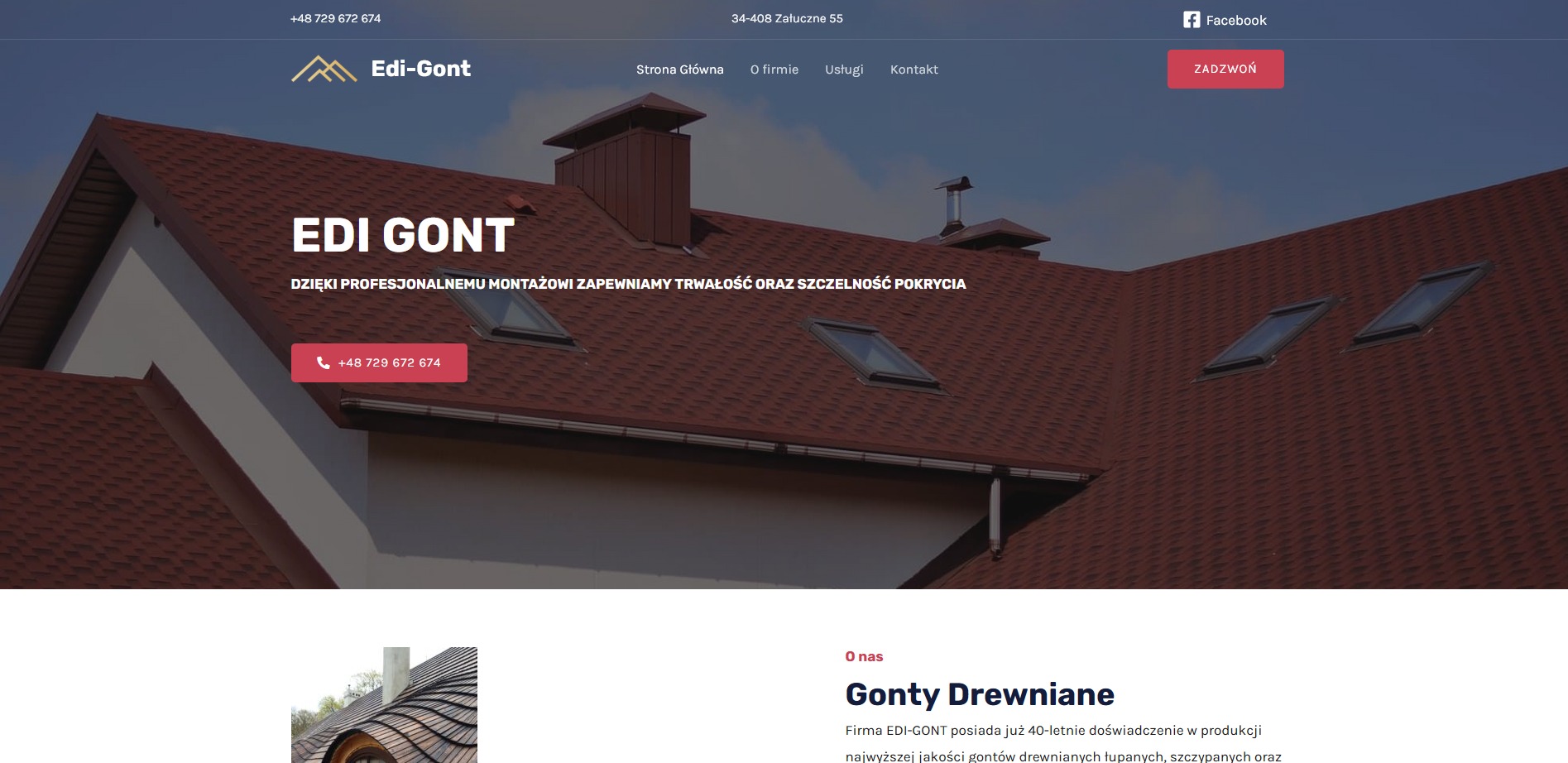 Strona internetowa firmy Edi-Gont z widocznym menu, logo i fragmentem tekstu o gontach drewnianych. U góry dane kontaktowe i ikona Facebooka.