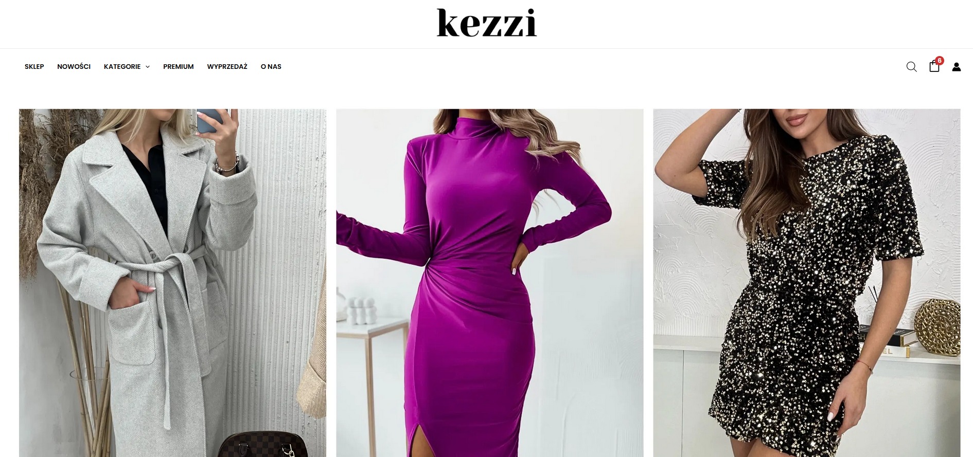 Strona internetowa sklepu odzieżowego Kezzi prezentuje trzy modelki w różnych kreacjach: płaszcz, fioletowa sukienka i cekinowa sukienka.
