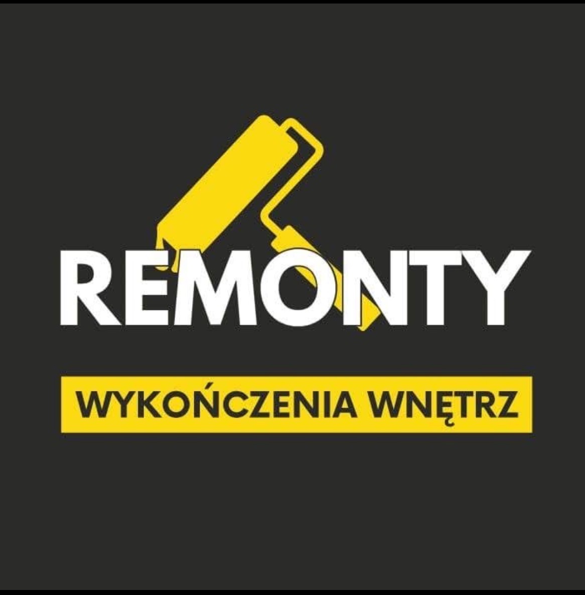Grafika z żółtym wałkiem malarskim i napisem 'Remonty Wykończenia Wnętrz' na ciemnoszarym tle, prezentująca ofertę firmy remontowej.
