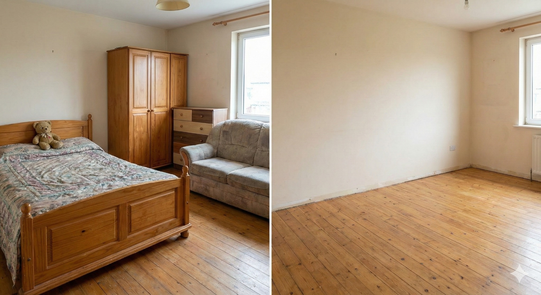 Pokój przed i po opróżnianiu: po lewej umeblowane wnętrze z drewnianym łóżkiem i szafą, po prawej puste pomieszczenie z drewnianą podłogą i oknem.