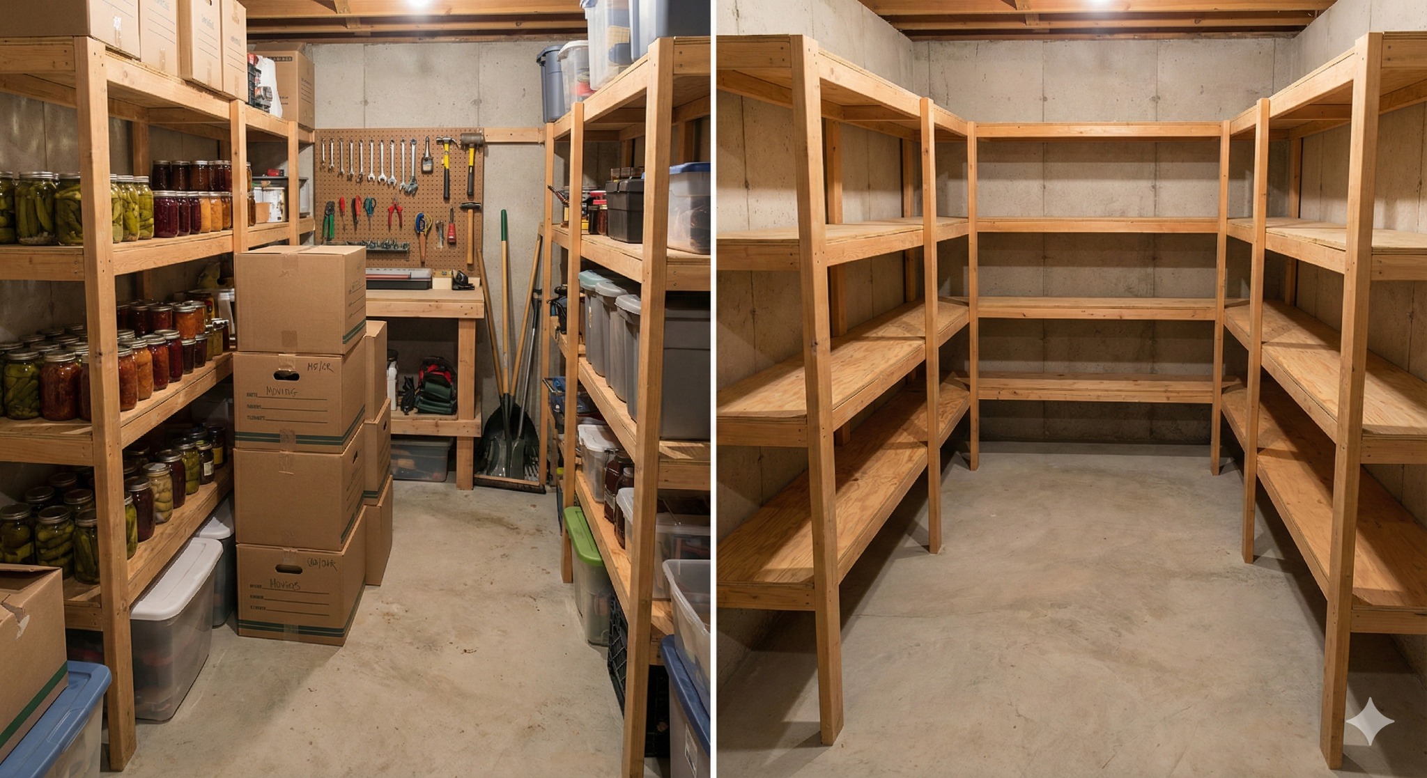 Piwnica z drewnianymi regałami: część wypełniona słoikami i kartonami, druga pusta. Widoczny betonowy sufit i ściany. Regały z surowego drewna.