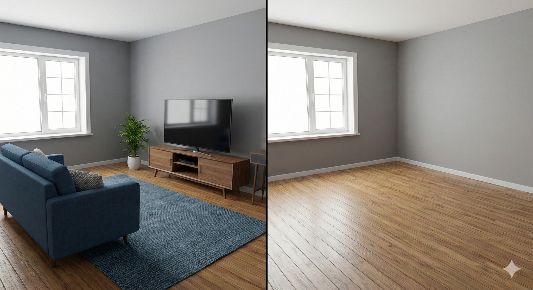 Salon przed i po opróżnianiu: po lewej umeblowana przestrzeń z sofą, dywanem i TV, po prawej puste pomieszczenie z drewnianą podłogą i oknem.