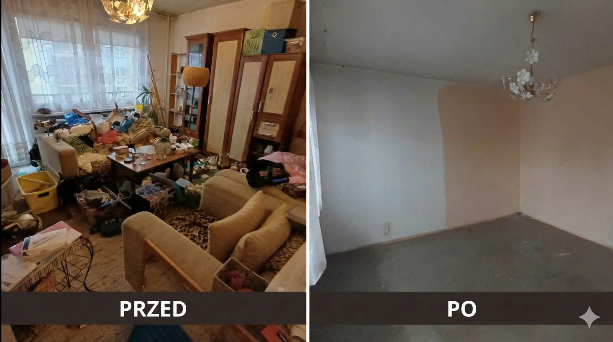 Zdjęcie 'przed i po' przedstawia pokój: zagracony przed sprzątaniem i pusty, odświeżony po usłudze. Widoczne meble, okno z firanką i lampa.