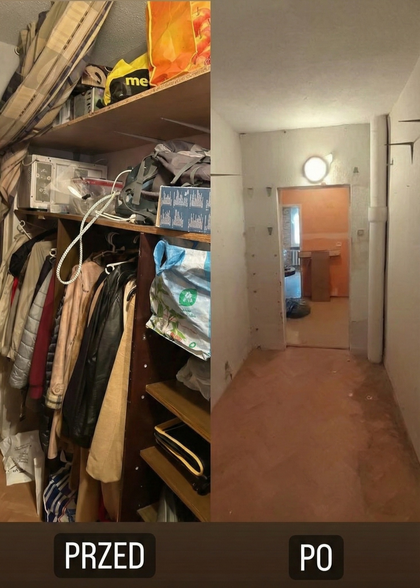 Zdjęcie 'przed i po' przedstawia zagracony schowek/garderobę przed opróżnieniem i czysty korytarz po usunięciu zawartości. Widoczne ślady po remoncie.