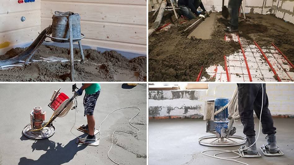 Cztery kadry z procesu wylewania i wygładzania posadzki: podawanie zaprawy, rozprowadzanie na ogrzewaniu podłogowym, wygładzanie maszyną zacieraczką.