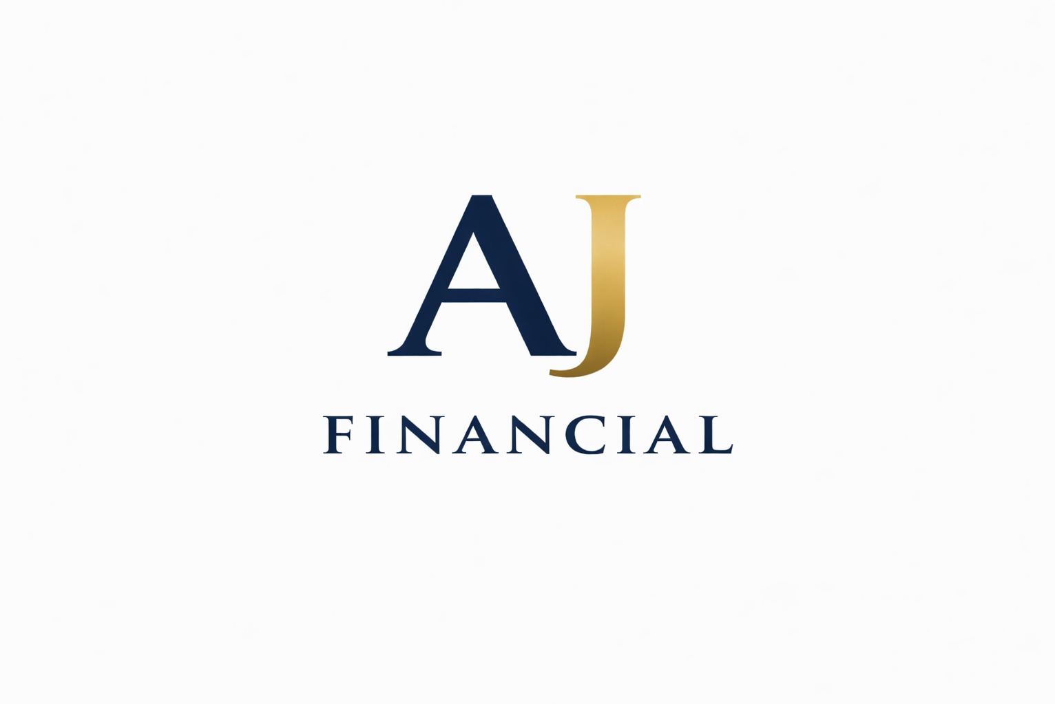 Eleganckie logo 'AJ Financial' w kolorze granatowym i złotym na białym tle. Minimalistyczny design, litery 'A' i 'J' połączone, poniżej napis 'FINANCIAL'.