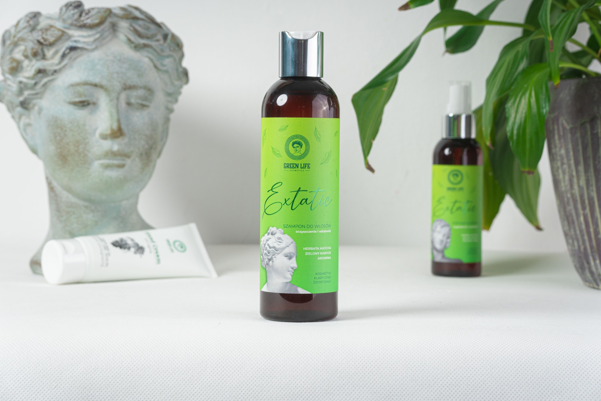 Zdjęcie produktowe: brązowa butelka szamponu Green Life Extatic z zieloną etykietą, obok rzeźba głowy i tubka kremu na białym tle, z rośliną w doniczce w tle.