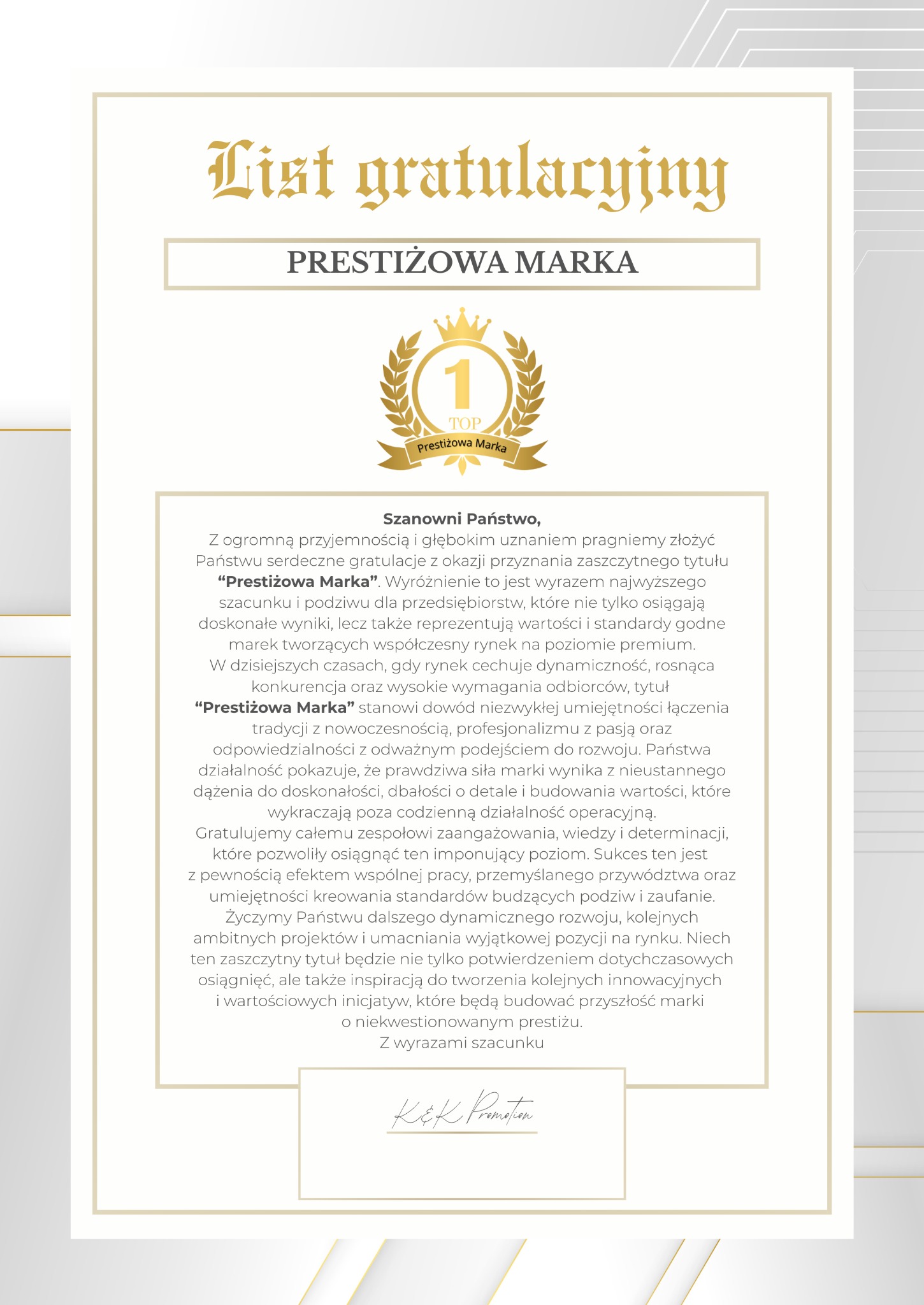 List gratulacyjny dla Prestiżowej Marki z logo 'TOP Prestiżowa Marka', tekst z podziękowaniami i życzeniami dalszego rozwoju. Elegancki dokument w odcieniach złota.
