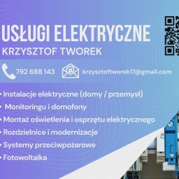 Krzysztof Tworek - Grafika reklamowa usług elektrycznych Krzysztofa Tworka z QR kodem, numerem telefonu, adresem e-mail i listą oferowanych usług na tle rozdzielnicy elektrycznej.