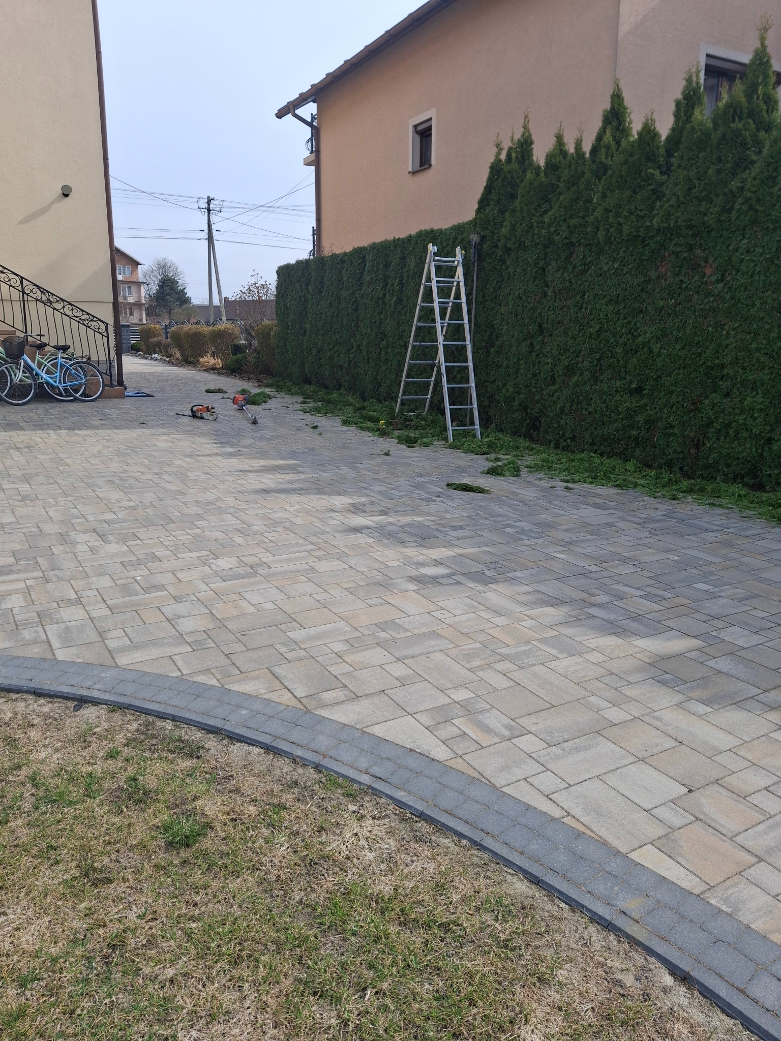 Przycięty żywopłot z tui, drabina oparta o rośliny, na kostce brukowej leżą obcięte gałązki i narzędzia ogrodnicze. Dwa rowery zaparkowane obok schodów.