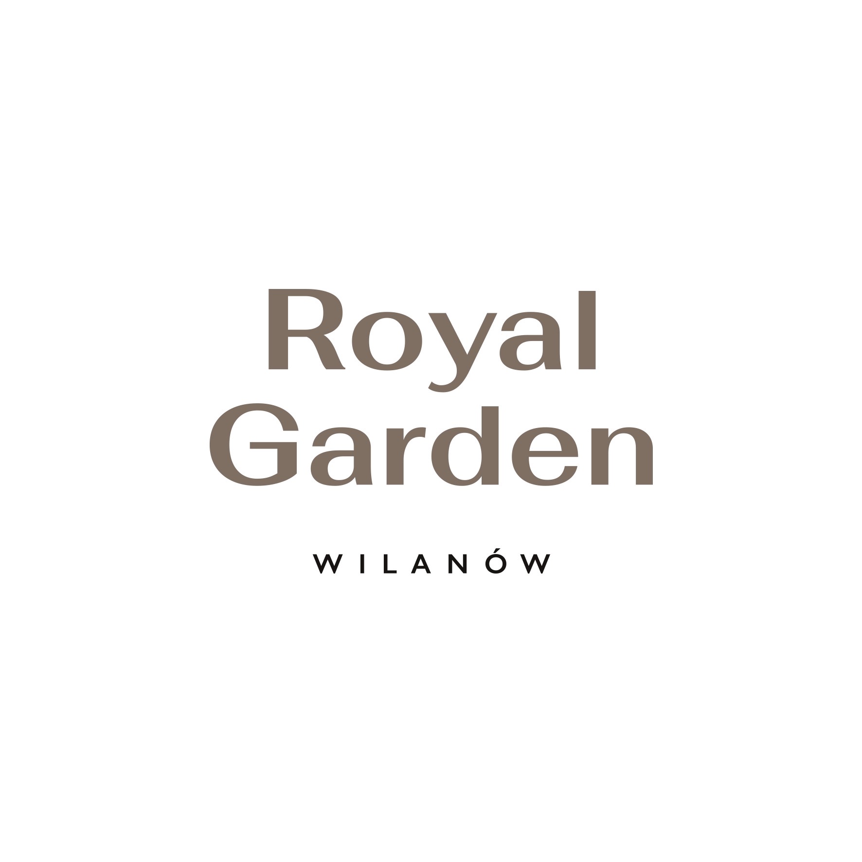 Minimalistyczne logo 'Royal Garden' w odcieniach brązu, z dopiskiem 'Wilanów' na białym tle. Prosty, elegancki design.