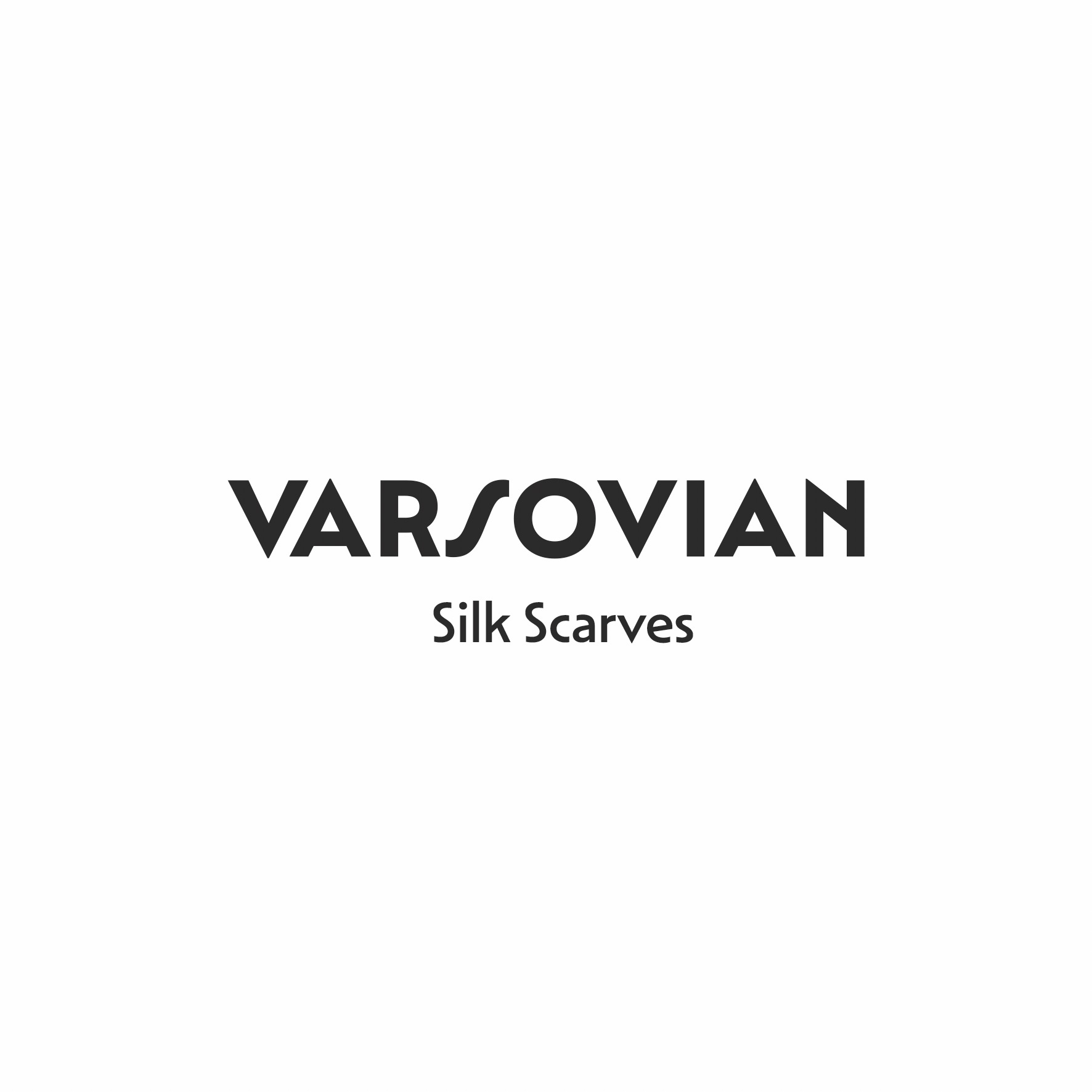 Minimalistyczny logotyp 'VARSOVIAN Silk Scarves' na białym tle. Prosty, elegancki font. Czarny napis, wyraźny i czytelny. Identyfikacja wizualna marki.