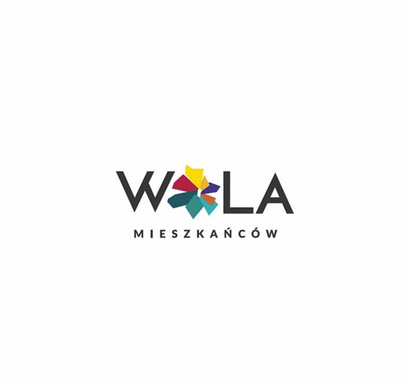 Logo 'WOLA MIESZKAŃCÓW' z abstrakcyjnym, kolorowym symbolem kwiatu. Minimalistyczny design na białym tle, czcionka bezszeryfowa.