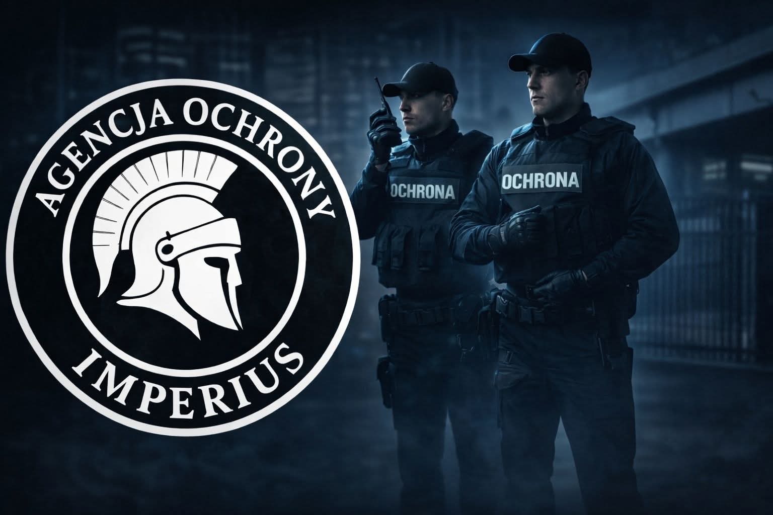 Dwóch ochroniarzy w umundurowaniu, jeden z radiem, stoi obok logo agencji ochrony z motywem hełmu. Mroczne tło miejskie.