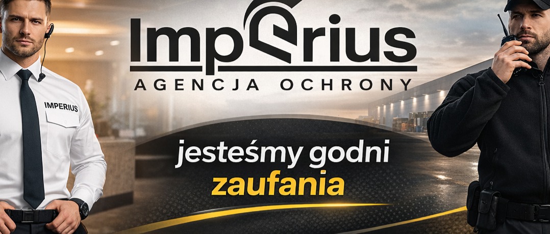 Dwóch ochroniarzy w uniformach na tle magazynu i logo firmy 'Imperius'. Jeden z nich używa radiotelefonu. Jesteśmy godni zaufania.