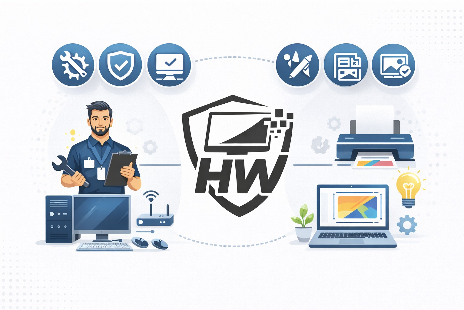 Ilustracja przedstawia serwisanta IT z narzędziami, komputerami, routerem, drukarką i ikonami usług w tle, całość w spójnej, graficznej stylistyce.