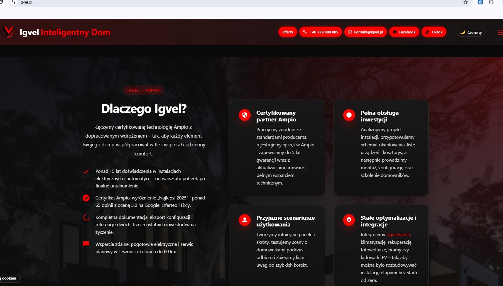 Strona internetowa Igvel Inteligentny Dom prezentuje ofertę smart home: certyfikaty Ampio, instalacje elektryczne, automatykę, wsparcie, optymalizacje i integracje.