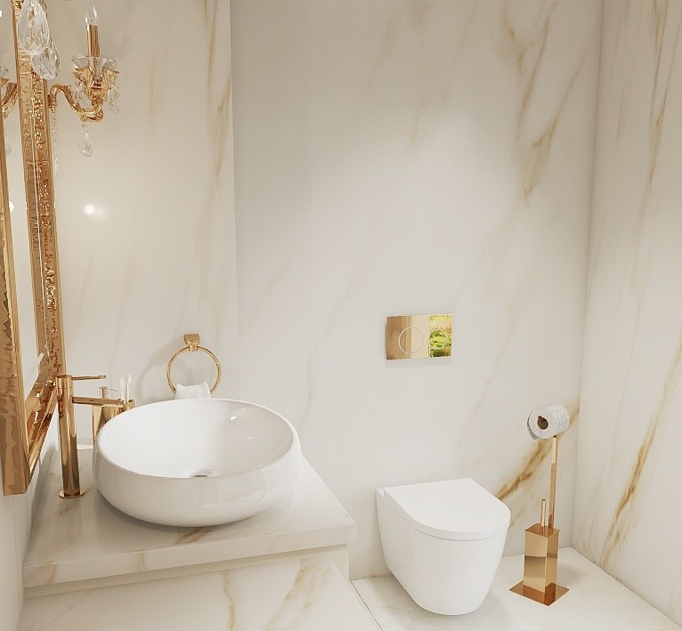 Elegancka łazienka w bieli i złocie: okrągła umywalka nablatowa, toaleta, złota armatura i detale, marmurowe wykończenie ścian i podłogi, kryształowy żyrandol.