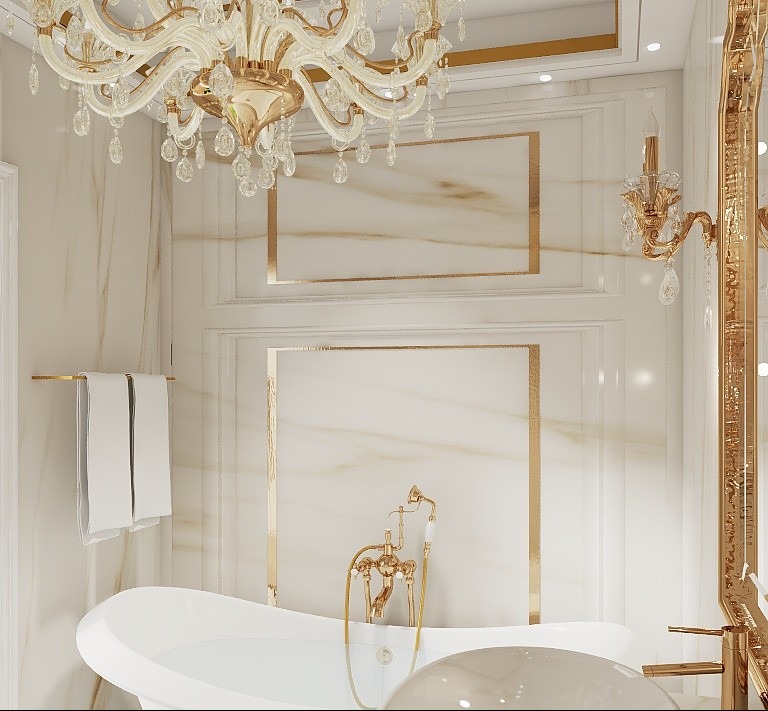Elegancka łazienka w bieli i złocie: wolnostojąca wanna, marmurowe ściany z dekoracyjnymi ramami, kryształowy żyrandol i złota armatura. Luksusowe wykończenie.