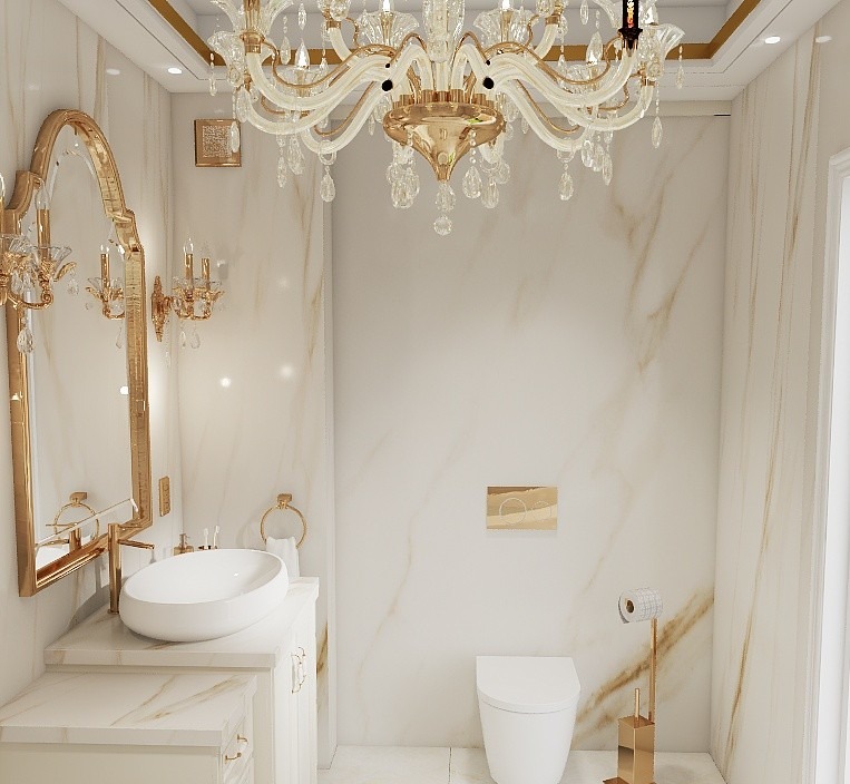 Elegancka łazienka w bieli i złocie: marmurowe ściany, owalna umywalka, złota armatura i kryształowy żyrandol. Luksusowe wykończenie wnętrza.