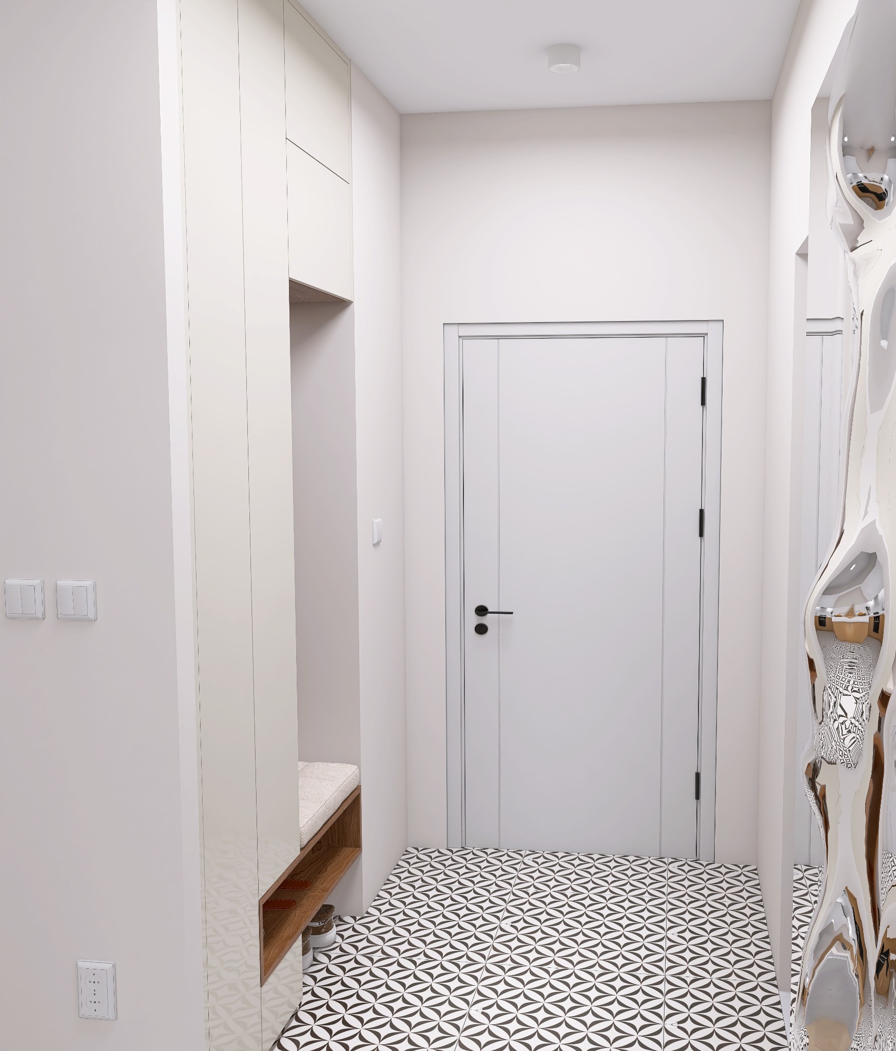 Nowoczesny przedpokój z białą szafą wnękową z siedziskiem, wzorzystą podłogą i dekoracyjnym lustrem. Minimalistyczny design, jasne wnętrze.