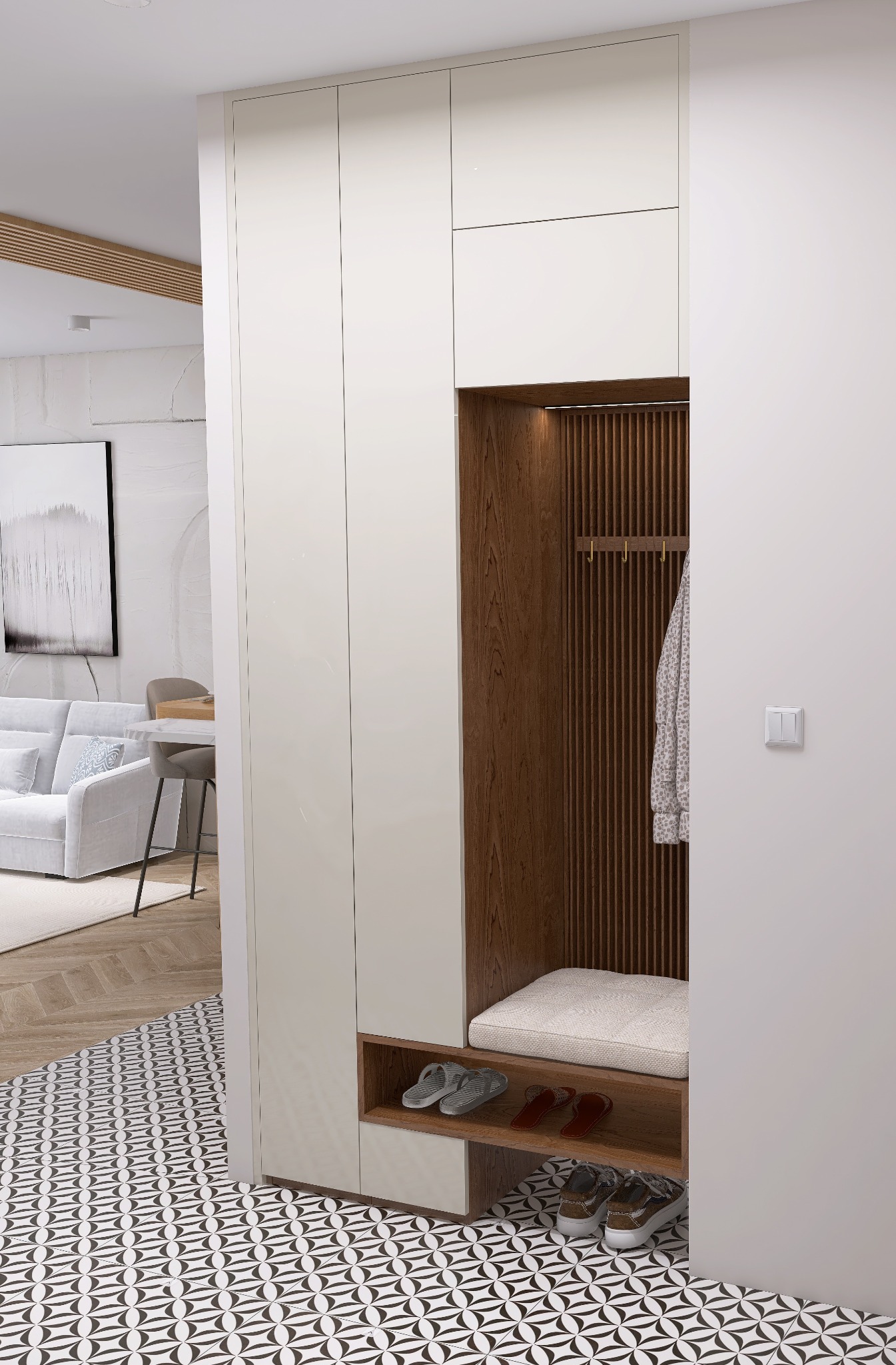 Nowoczesna szafa wnękowa z drewnianym wnętrzem i siedziskiem, uzupełniona o półki na obuwie. Minimalistyczny design, jasne kolory, wzorzysta podłoga.