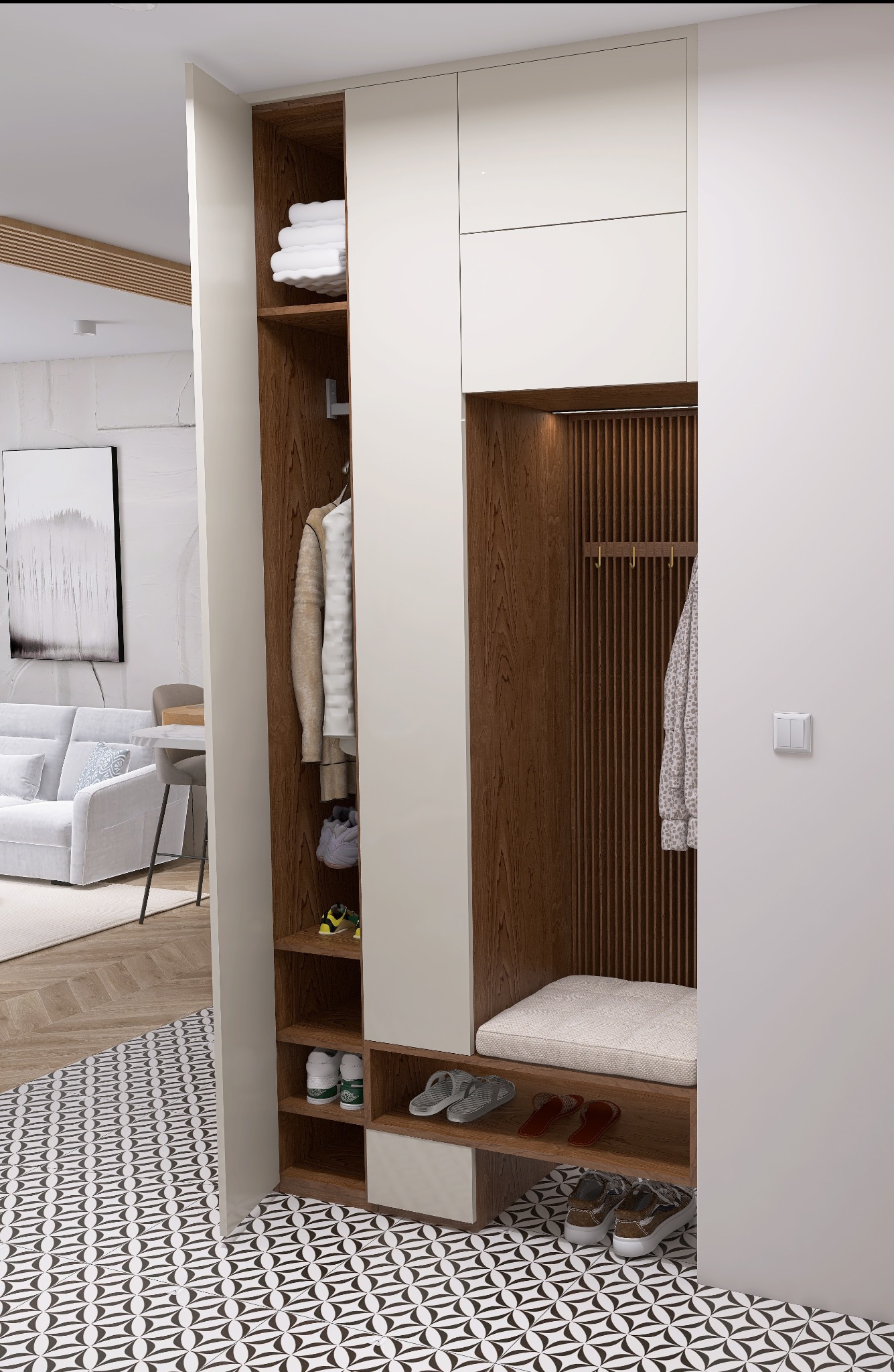 Funkcjonalna szafa wnękowa z drewnianymi akcentami i siedziskiem, idealna do przechowywania odzieży i obuwia w przedpokoju. Nowoczesny design z wzorzystą podłogą.