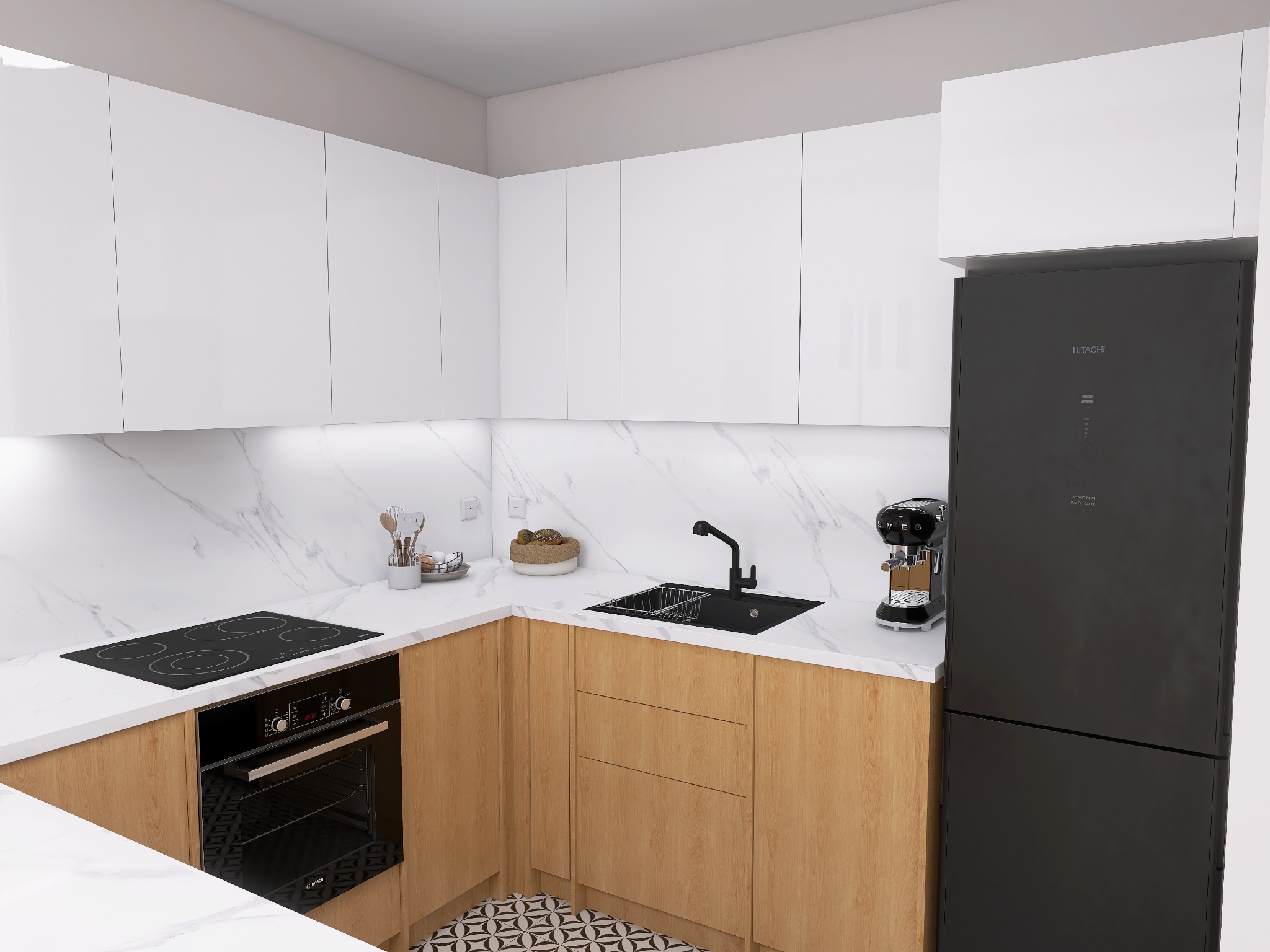Nowoczesna kuchnia z białymi szafkami górnymi i drewnopodobnymi dolnymi. Marmurowy blat, czarna płyta indukcyjna i lodówka. Geometryczny wzór na podłodze.