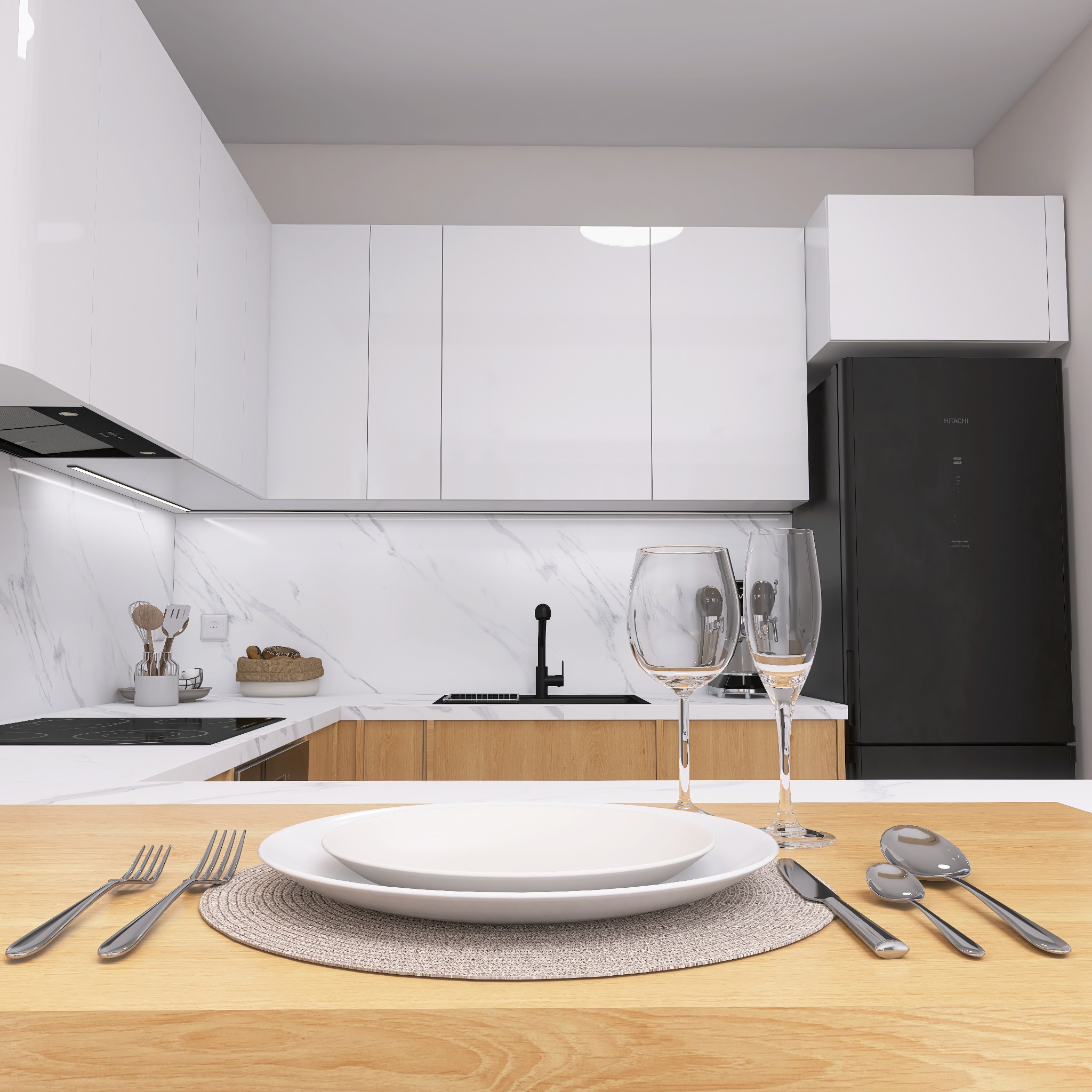 Nowoczesna kuchnia z białymi szafkami, marmurowym blatem i czarną lodówką. Stół z nakryciem i kieliszkami na pierwszym planie. Minimalistyczny design.