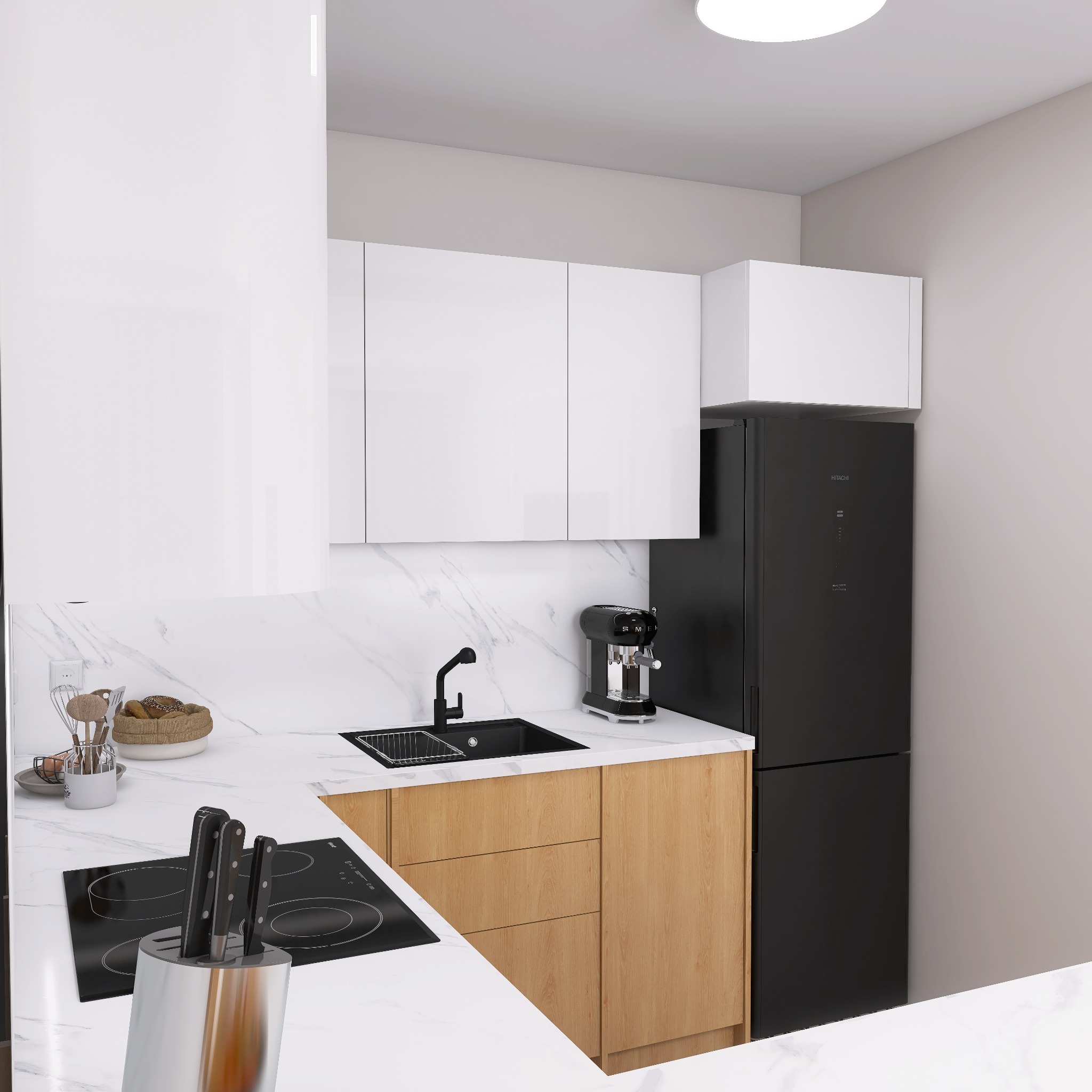 Nowoczesna kuchnia w Tarnowie z białymi szafkami, drewnianymi frontami i czarnym sprzętem AGD. Marmurowy blat i backsplash dodają elegancji.