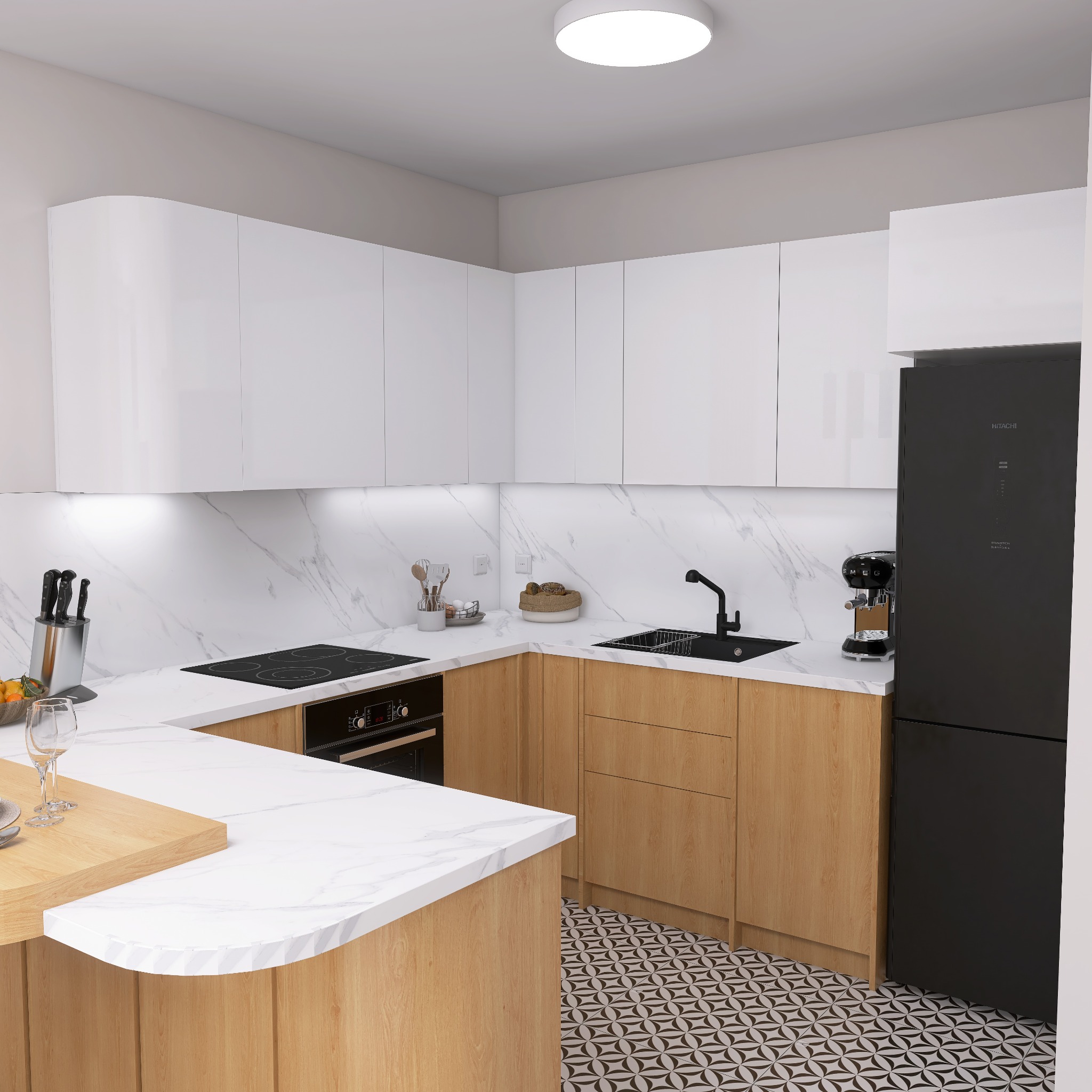 Nowoczesna kuchnia w jasnych barwach z drewnianymi akcentami i marmurowym blatem. Widoczny czarny sprzęt AGD i wzorzysta podłoga. Oświetlenie sufitowe.