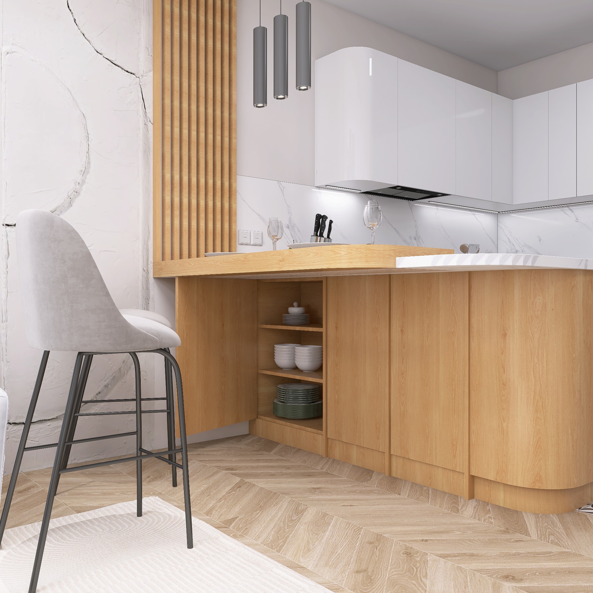 Nowoczesna kuchnia z drewnianą wyspą i białymi szafkami. Uwagę przykuwają designerskie lampy wiszące i marmurowa ściana z drewnianymi lamelami.