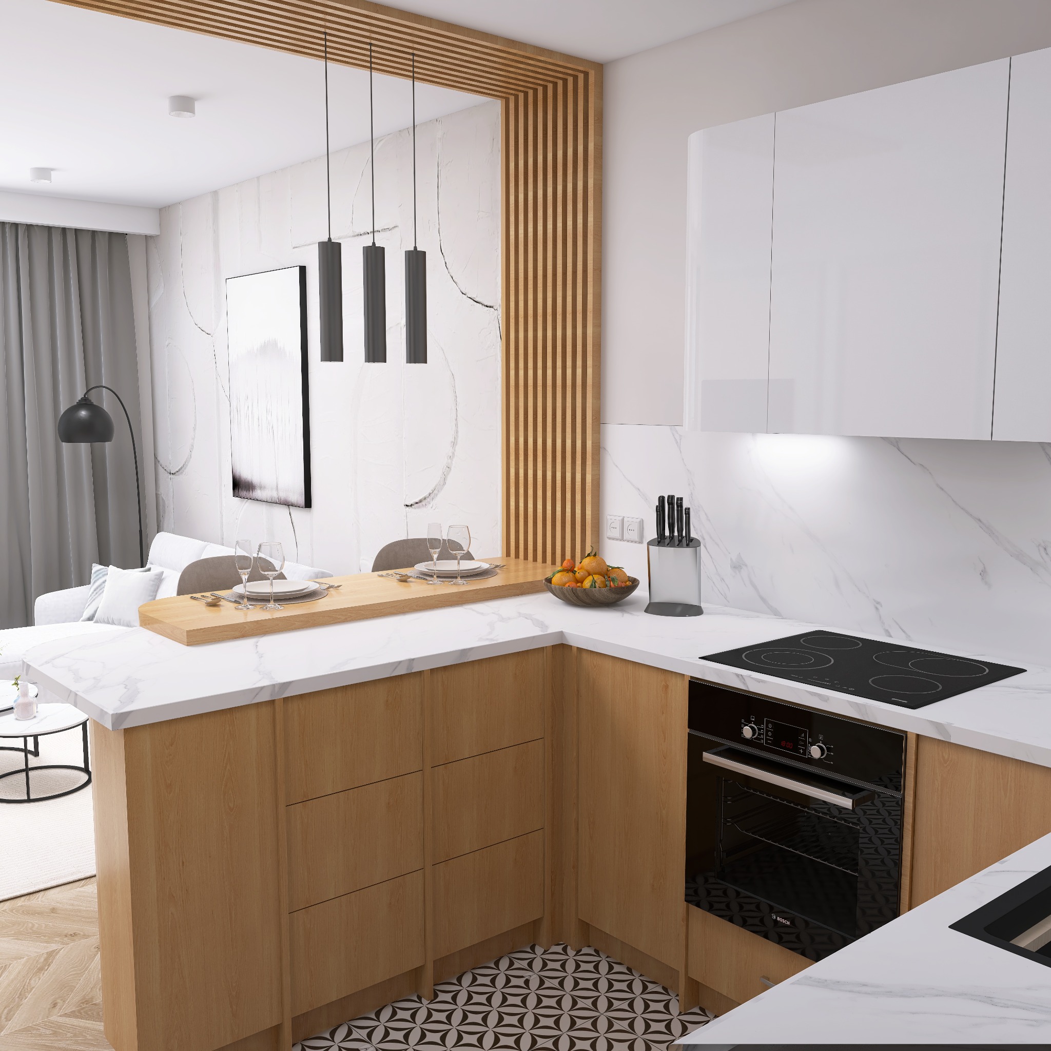 Nowoczesna kuchnia z drewnianymi szafkami, marmurowym blatem i płytą indukcyjną. Widok na salon z szarą zasłoną i lampą. Dekoracyjne lampy wiszące nad blatem.