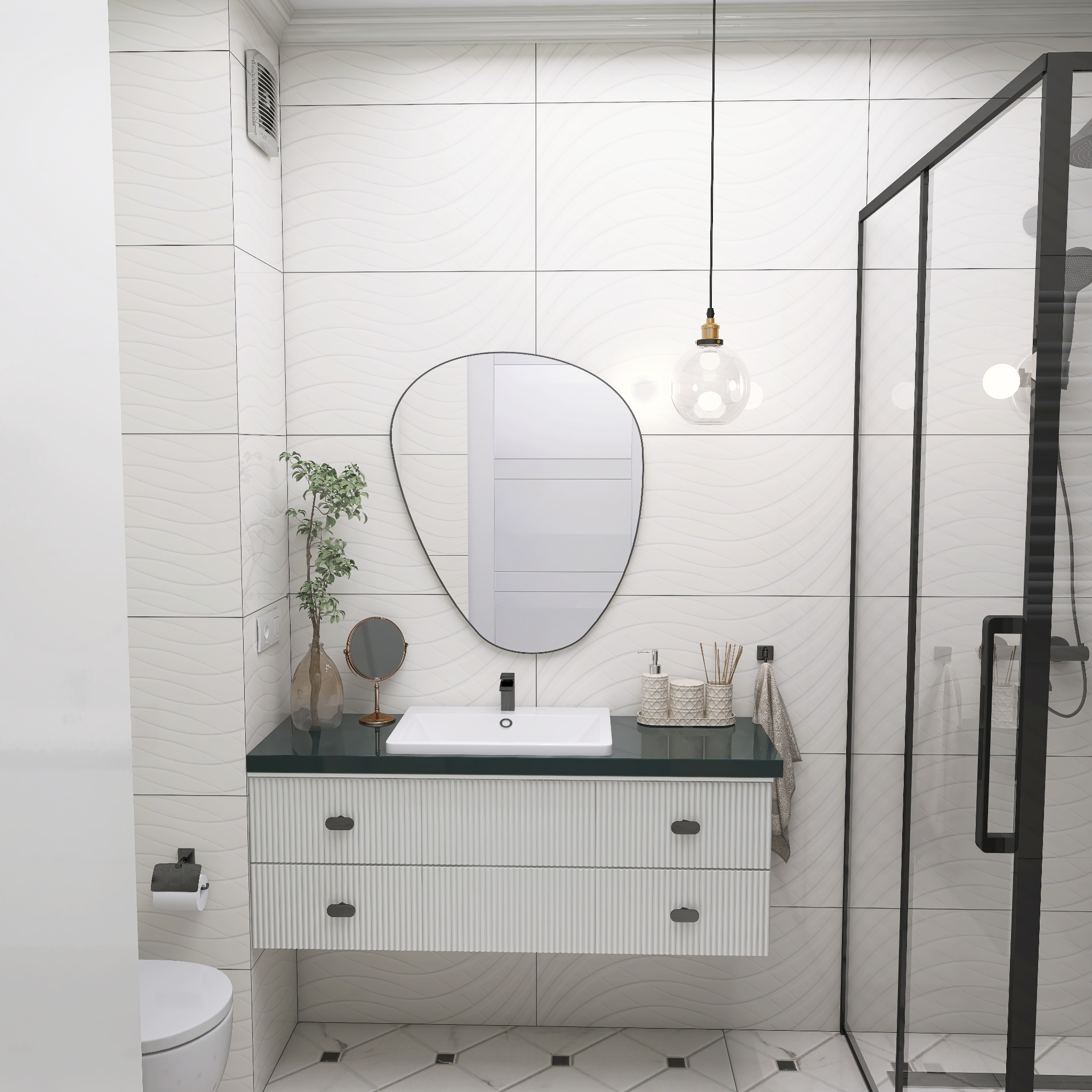 Nowoczesna łazienka z umywalką na szafce z frezowanymi frontami, asymetrycznym lustrem i kabiną prysznicową z czarnymi profilami na tle białych płytek.