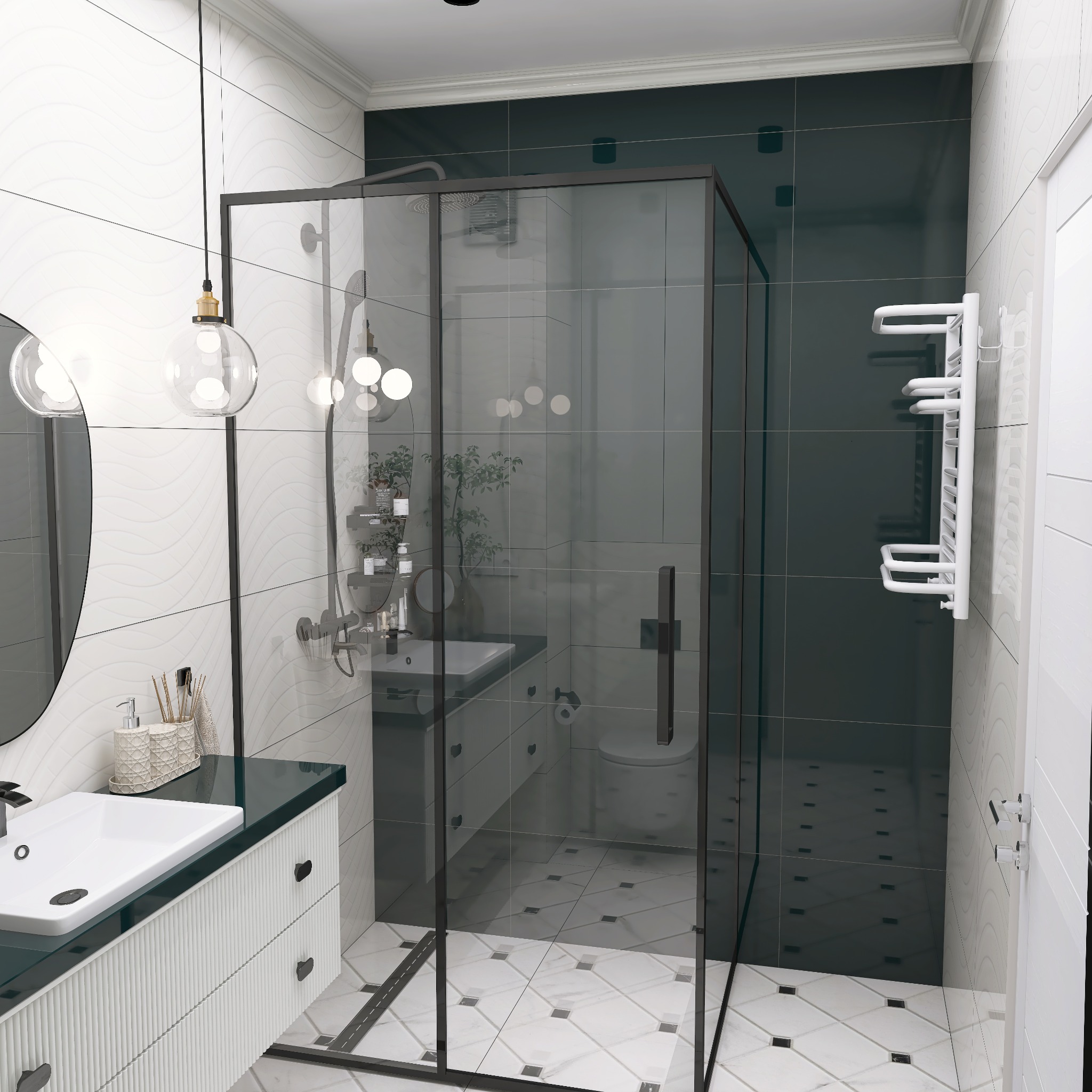 Wizualizacja łazienki z kabiną prysznicową typu walk-in, umywalką z szafką w stylu retro i dekoracyjnymi płytkami. Nowoczesne oświetlenie i czarne akcenty.