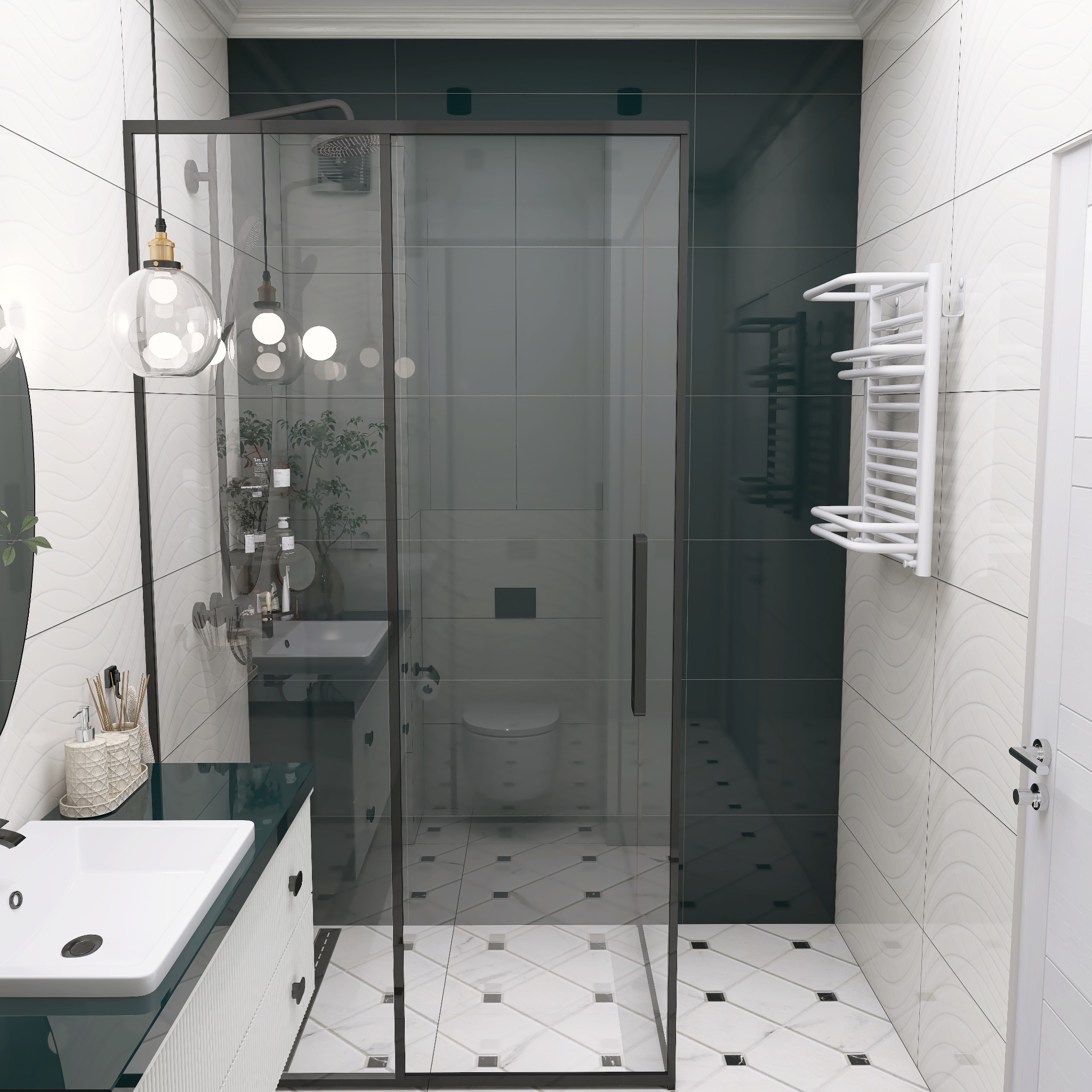 Nowoczesna łazienka z kabiną prysznicową typu walk-in, umywalką na szafce z zielonym blatem i dekoracyjnymi lampami wiszącymi. Biało-czarna kolorystyka płytek.