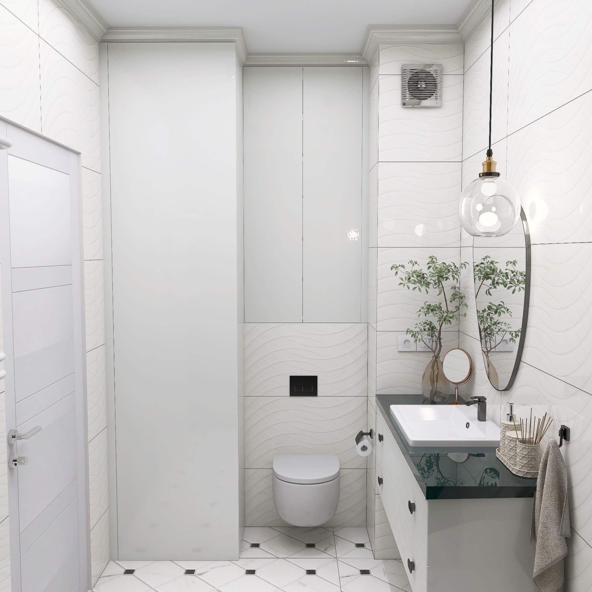 Biała łazienka z toaletą, umywalką z czarnym blatem i szafkami. Na ścianach płytki z delikatnym wzorem fal. Nad umywalką okrągłe lustro i szklana lampa.