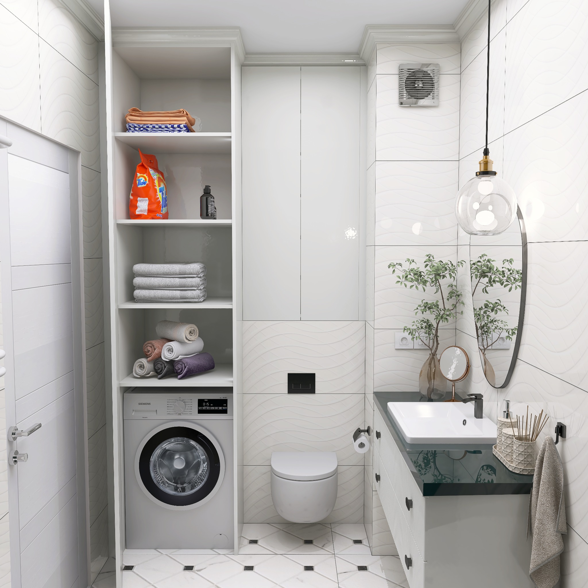 Biała łazienka z pralką w zabudowie, umywalką z czarnym blatem i lustrem. Na półkach ręczniki i środki czystości. Minimalistyczny design z elementami dekoracyjnymi.