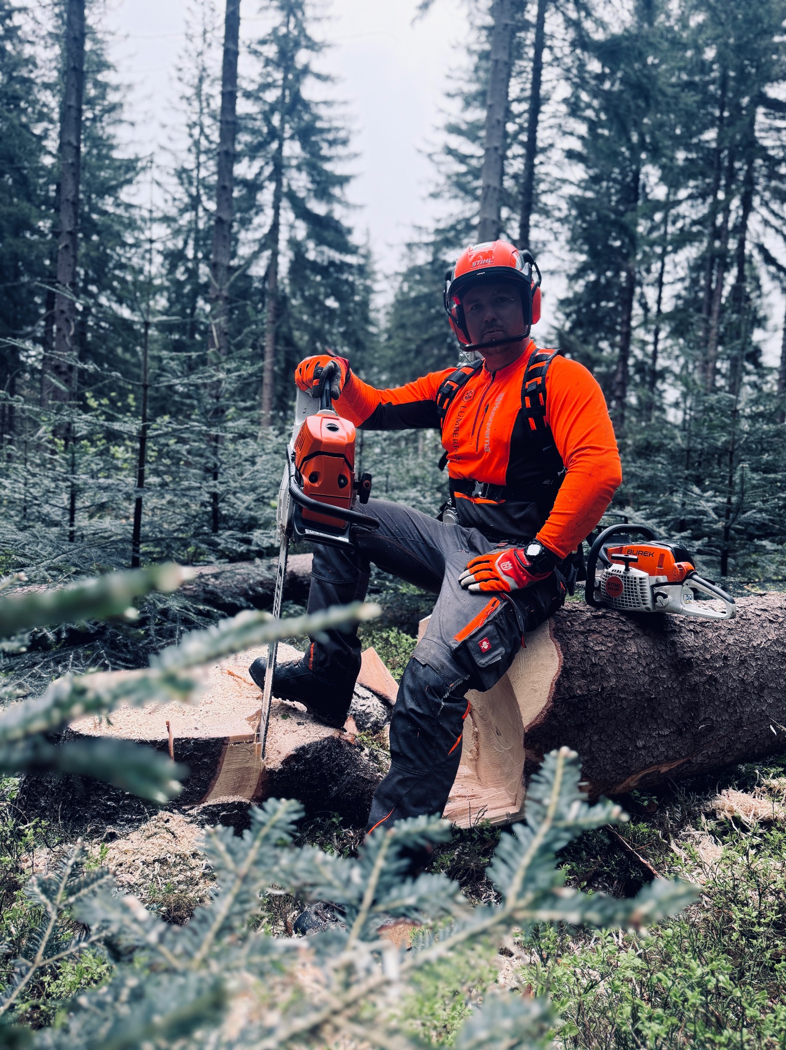 Drwal w kasku i kombinezonie siedzi na ściętym pniu w lesie, trzymając piłę spalinową. W tle widoczne drzewa iglaste i ścięte drewno.