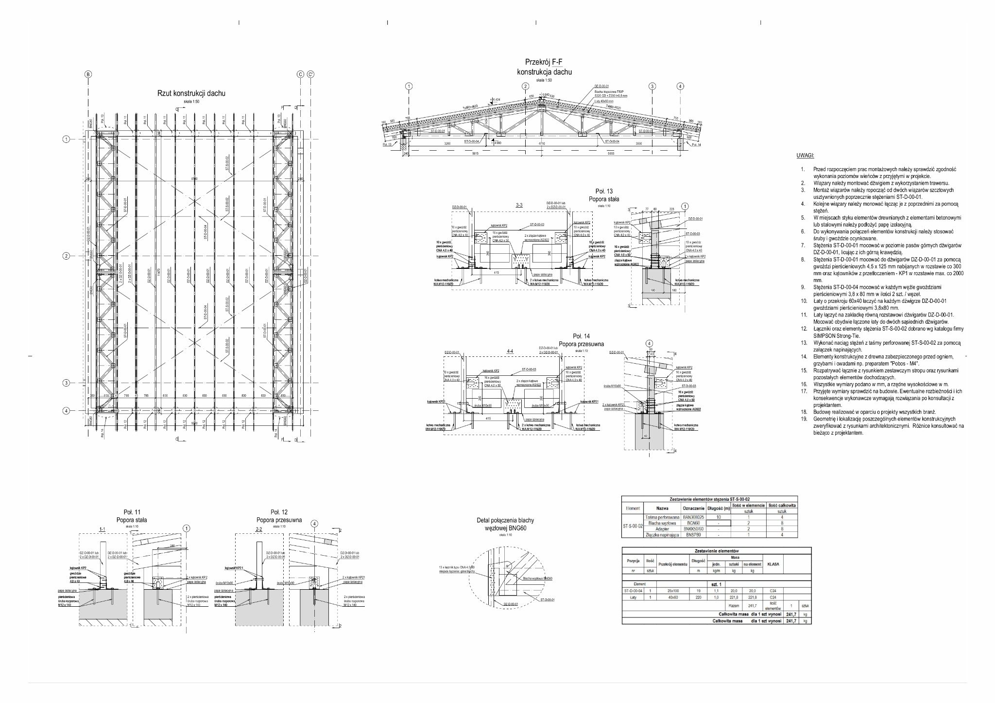 Rzut konstrukcji dachu z detalami połączeń i przekrojami, prezentujący projekt inżynieryjny z wymiarami i oznaczeniami elementów stalowych.