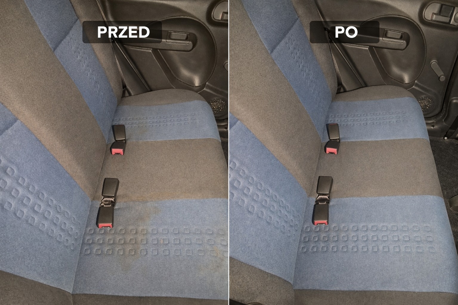 Tapicerka samochodowa w odcieniach szarości i błękitu, widok przed i po czyszczeniu. Po lewej stronie widoczne zabrudzenia, po prawej tapicerka po praniu.