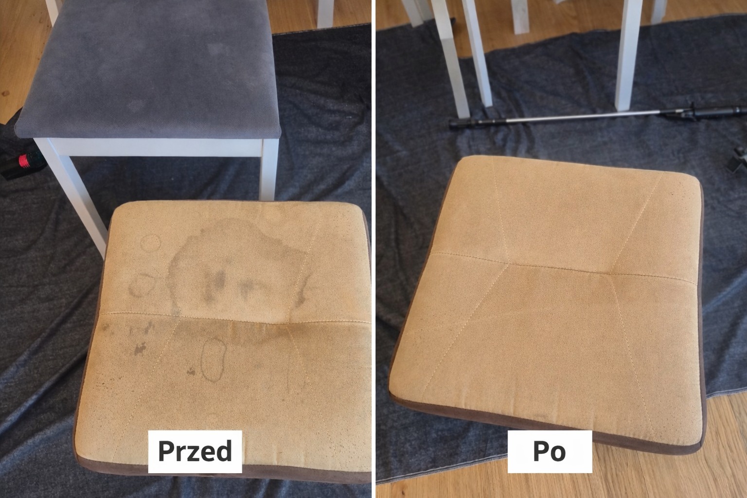 Kadr 'przed i po' prezentuje efekt czyszczenia tapicerki krzesła. Po lewej widoczne plamy, po prawej czysta powierzchnia. Na podłodze rozłożona szara tkanina.