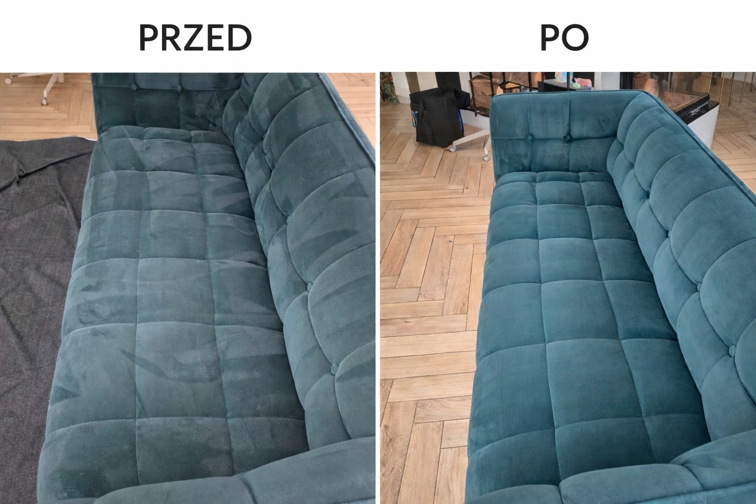 Zdjęcie przedstawia efekt prania kanapy: po lewej stronie kanapa przed czyszczeniem, widoczne plamy, po prawej - kanapa po praniu, czysta, na parkiecie ułożonym w jodełkę.