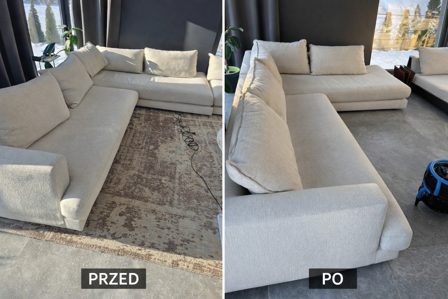Kadr 'przed i po' przedstawia narożnik w jasnej tapicerce. Po lewej stronie widoczny dywan przed czyszczeniem, po prawej czysty narożnik i podłoga po usłudze.