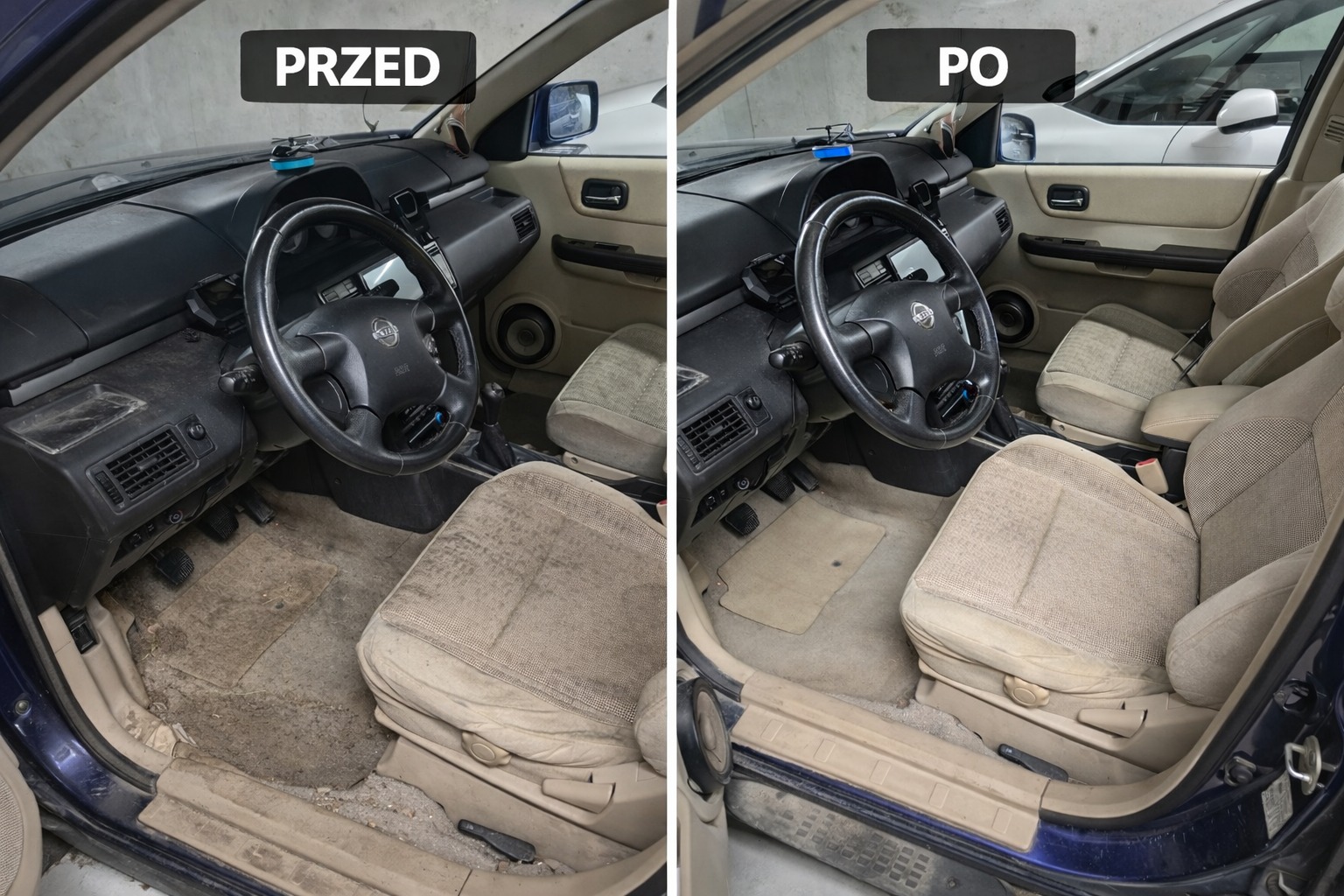 Wnętrze samochodu Nissan X-Trail w układzie 'przed i po' czyszczeniu tapicerki. Widoczne brudne i wyczyszczone fotele, dywaniki i deska rozdzielcza.