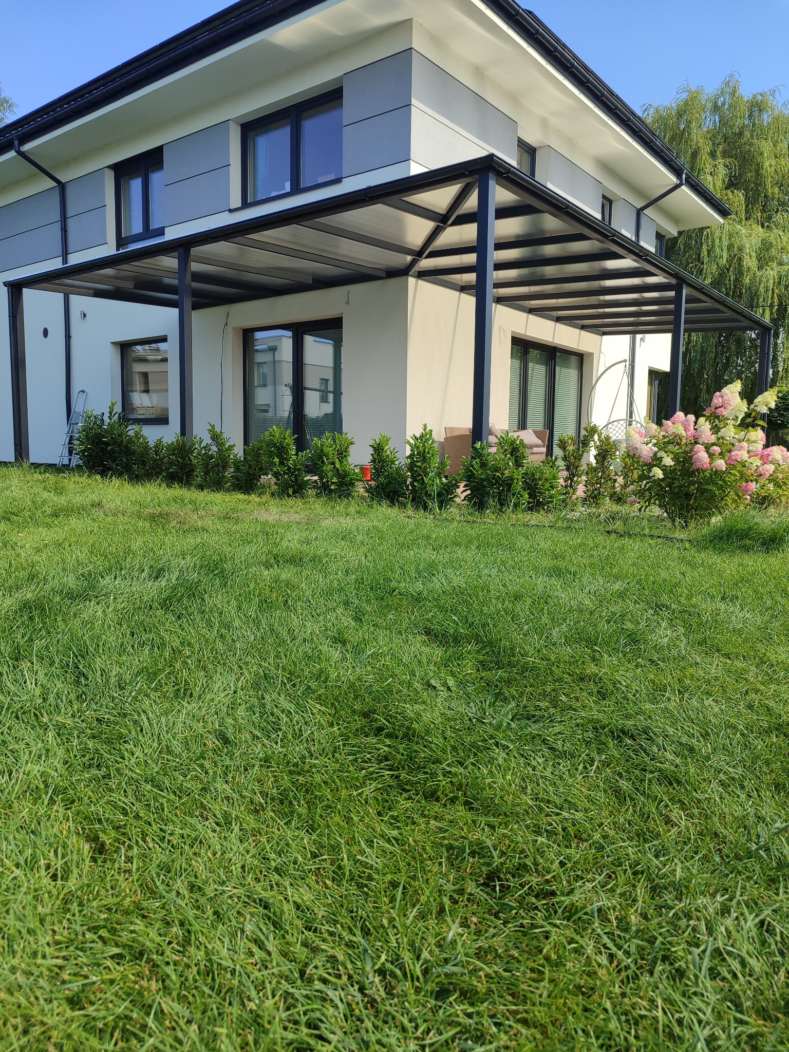 Nowoczesna, czarna pergola metalowa z przezroczystym zadaszeniem, przylegająca do jasnego domu z szarymi akcentami. Widok z trawnika, krzewy i hortensje w tle.